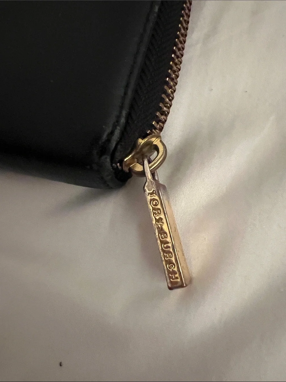 Tory Burch Black Leather Zip-Around Wallet with Gold Logo